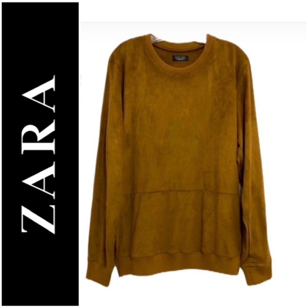 Zara Men's Suede-Look Camel Crewneck Sweatshirt